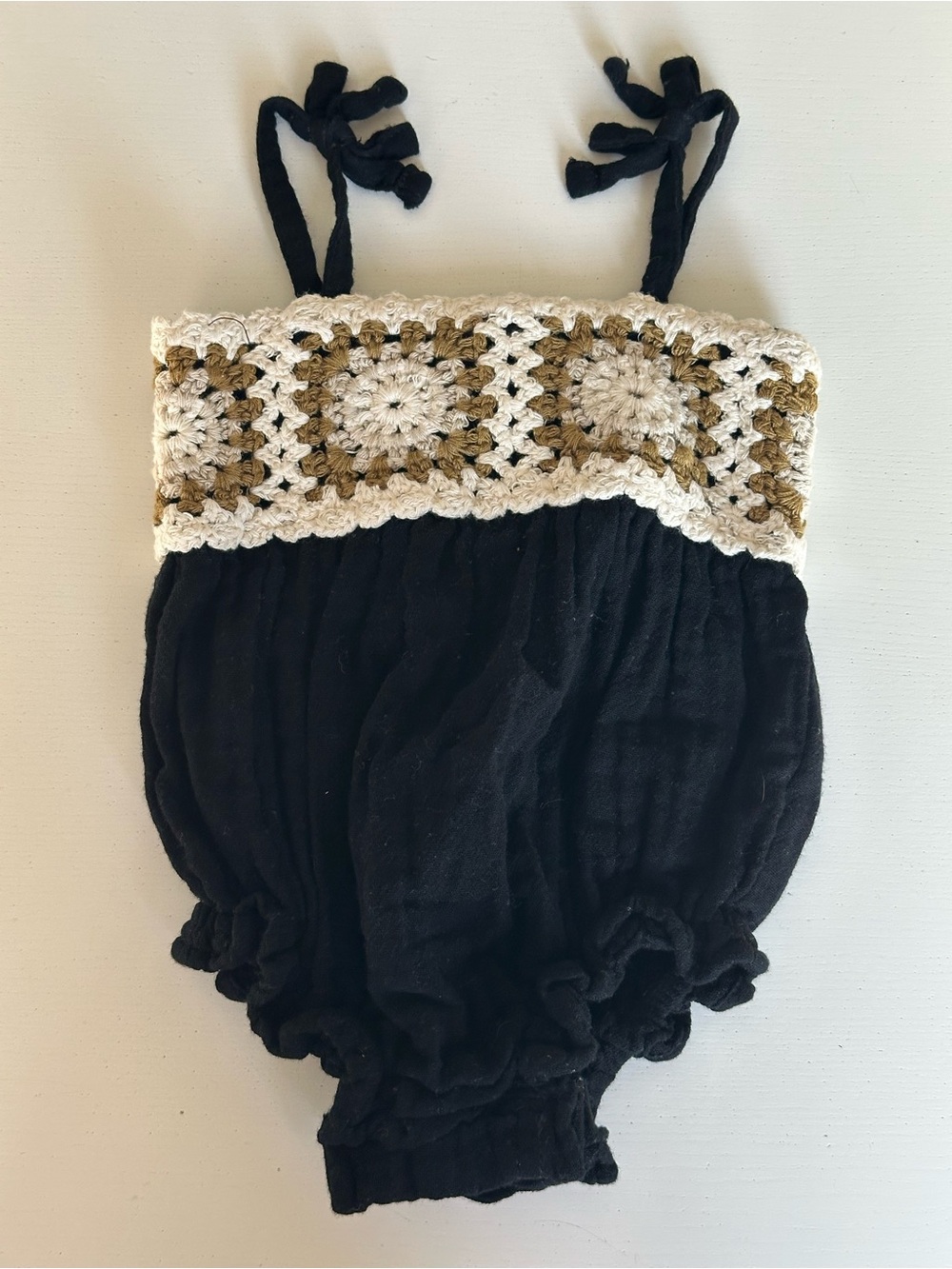 Old Navy Black Romper with Cream and Tan Crochet Trim